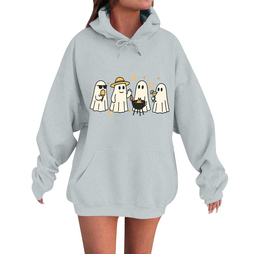 Women's Casual Fashion Comfortable Round Neck With Hood Long Sleeve Halloween Print Warm Sweatshirt