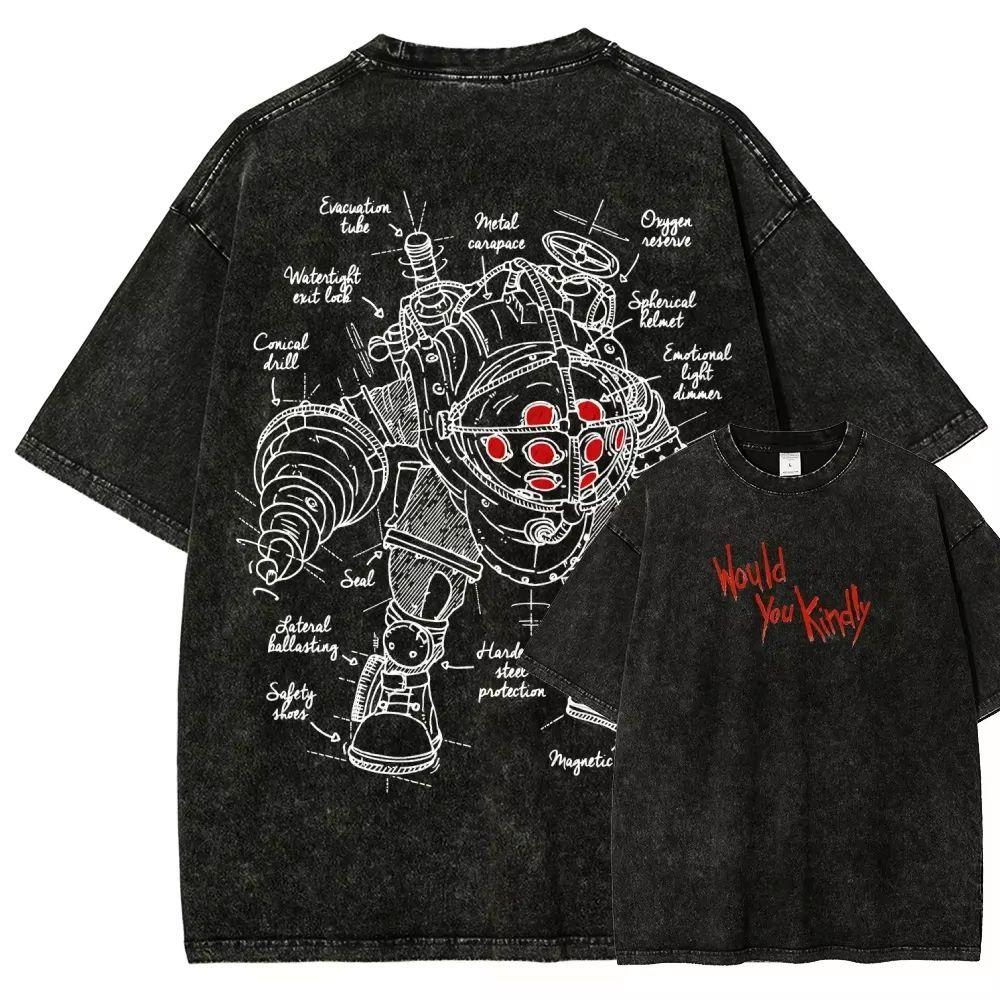 Pop BioShock Game Short-sleeved Washed-out Distressed Pure Cotton Loose Men's and Women's Shirt Large Size