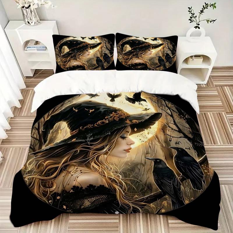 3pcs Witch's Moonlit Journey Bedding Set - Includes Quilt Cover and Pillowcases, Suitable for All Seasons,