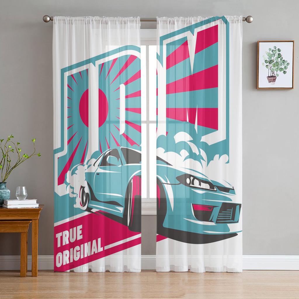 City Sports Car Sheer Window Curtains for Living Room Kitchen Children Bedroom Decoration Chiffon Tulle Voile Hanging Curtain