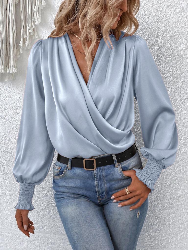 Women's V-Neck Ruffle Front Long Sleeve Blouse, Elegant Peasant Tops with Puff Cuff