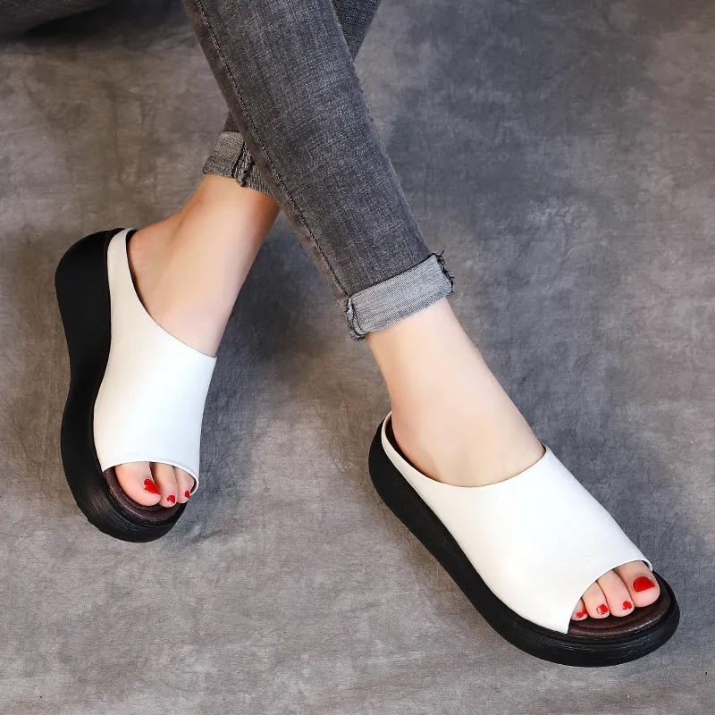 Fashion GKTINOO 2025 Ladies Genuine Leather Thick Sole Slippers Women Sexy High Heel Mules Clogs Peep Toe Platform Shoes Mother Sandals