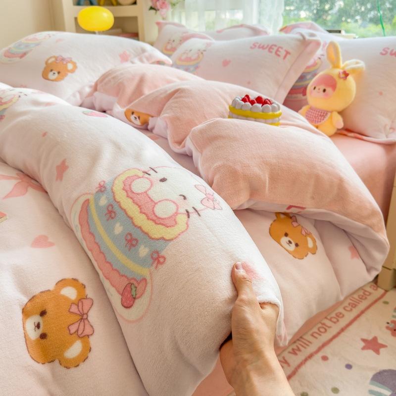 Thickened Milk Fleece Four-Piece Set Double-Sided Fleece Quilt Cover Coral Flannel Bed Sheet Quilt Cover Three-Piece Set Of Bed Hat