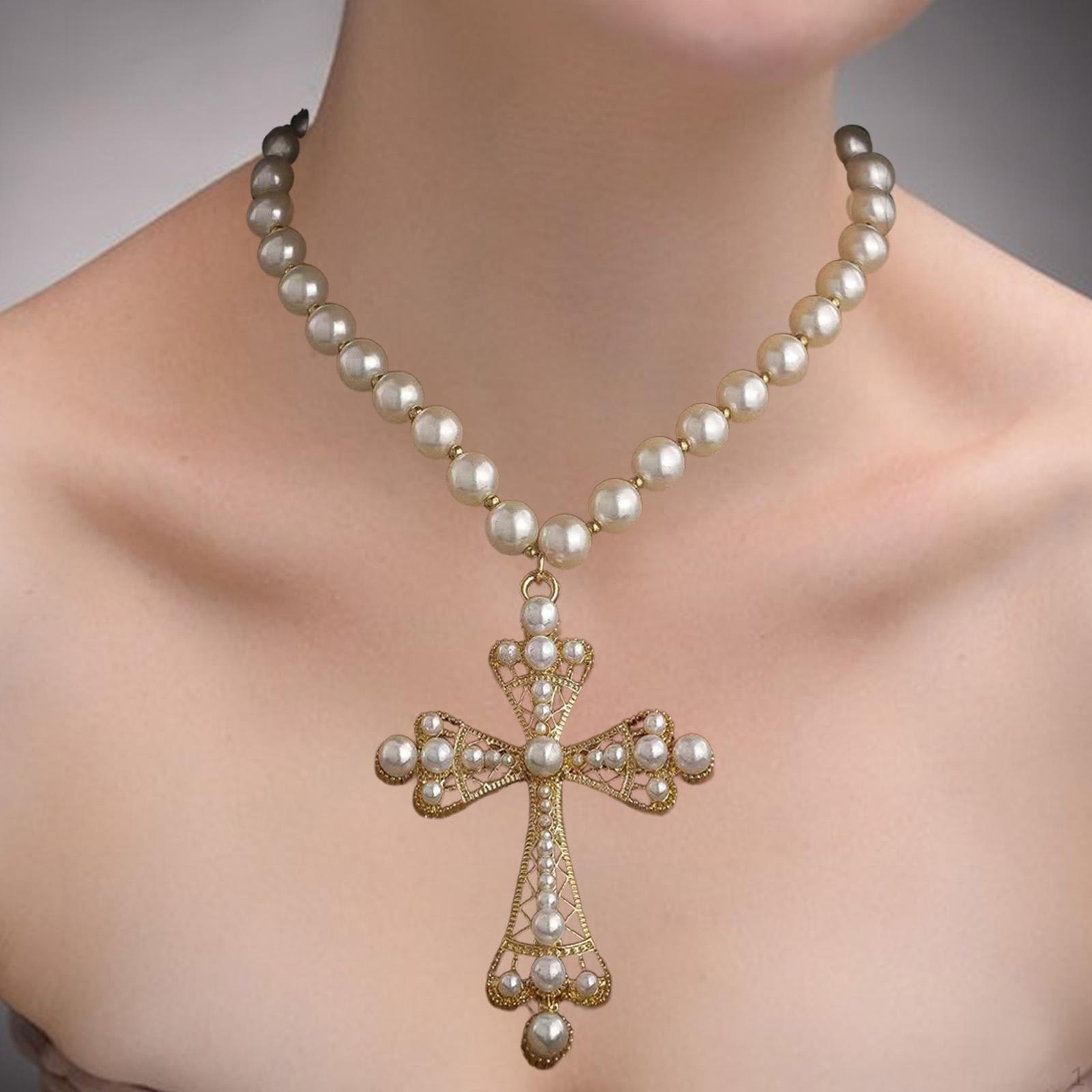 

Gothic Pearl Choker Necklace – Dark Cross Pendant & Clavicle Chain Gold