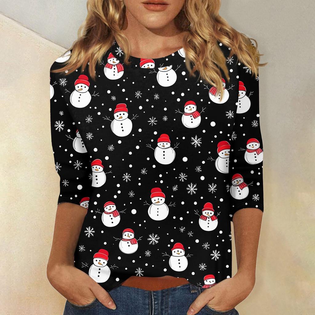 Women's Fashionable Casual Three Quarter Sleeve Christmas Printed Collar Pullover Top