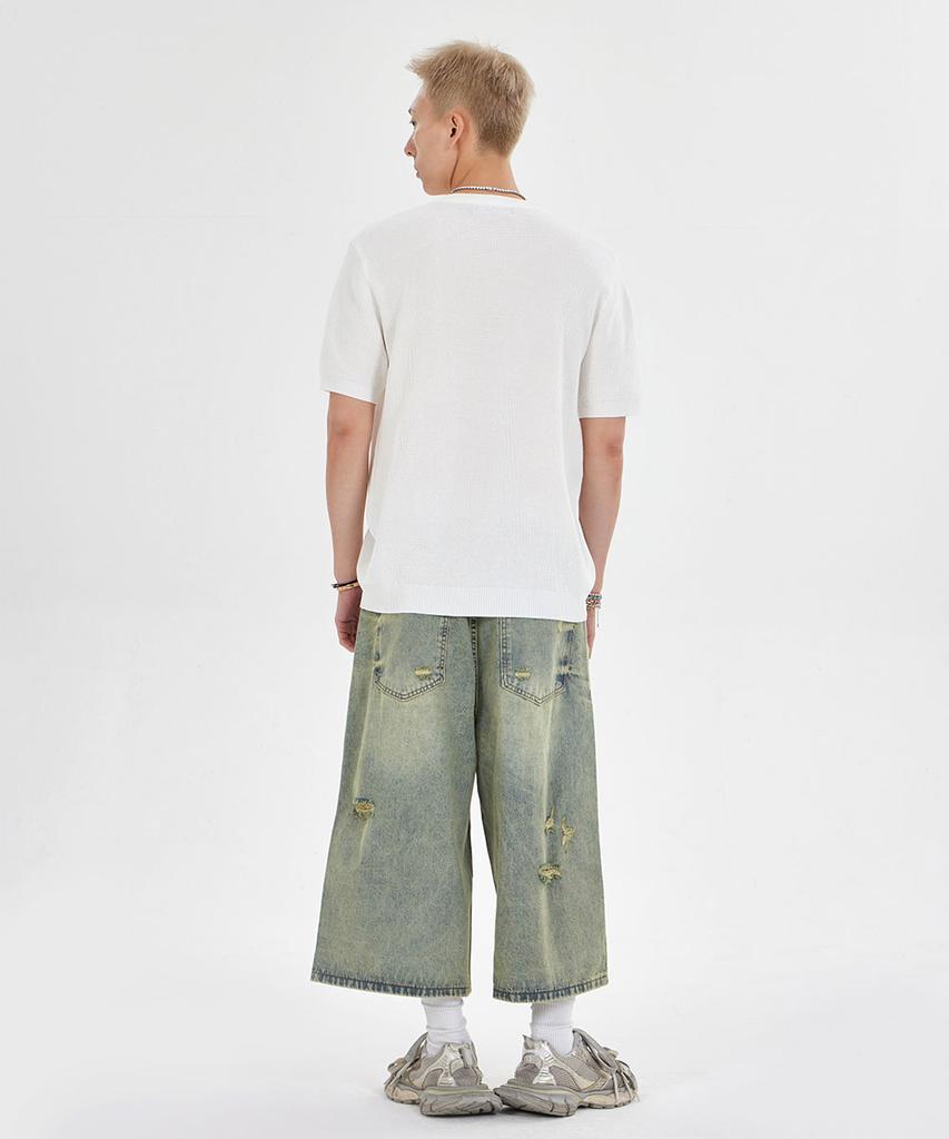 MAKEITTO Henley Neck Waffle Short Sleeve T-Shirt_White