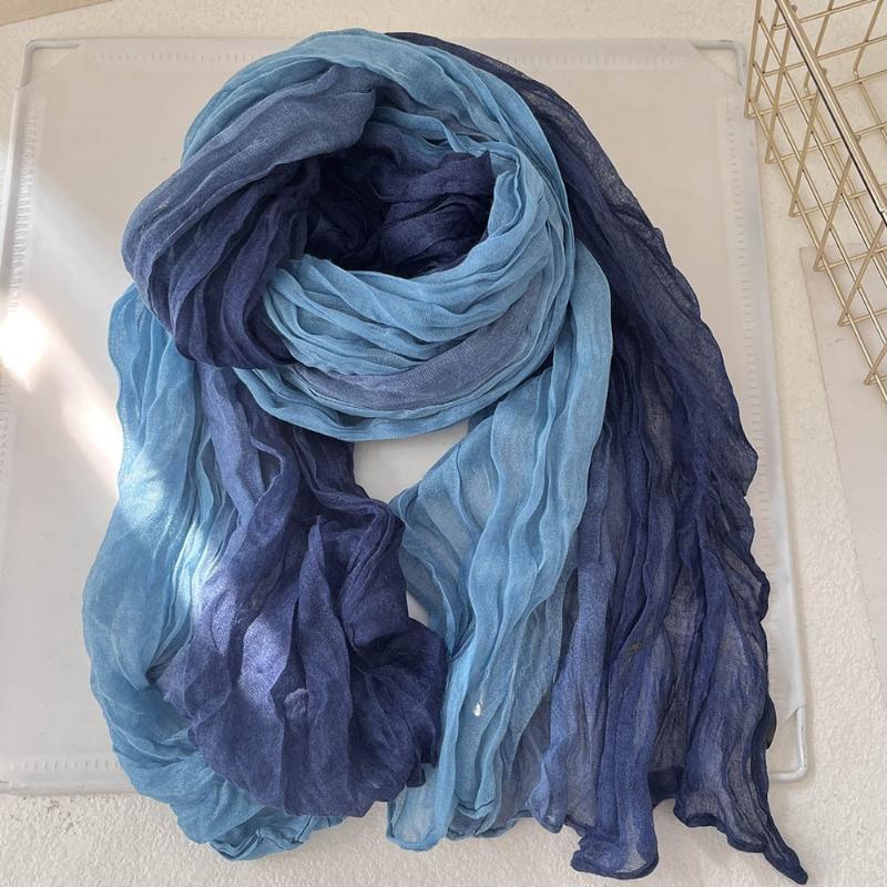180x90cm Scarf Cotton Hemp Gradient Blue Autumn Winter Korean Versatile Printed Women Long Soft Fashionable Trend Fold Shawl DIY