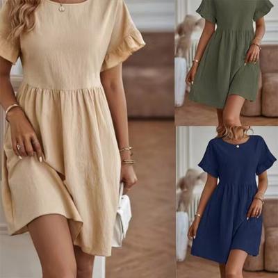 New Temperament Round Neck Loose Cotton Linen Solid Color Dress
