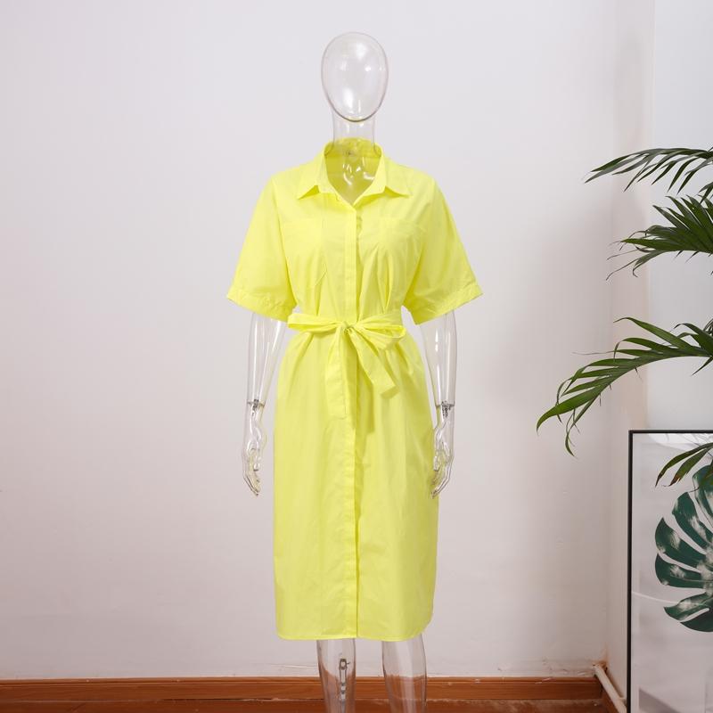 Casual Women's Lace Up Dress Single-Breasted Turn-Down Collar Short Sleeve Lady Dresses Loose Female Robe