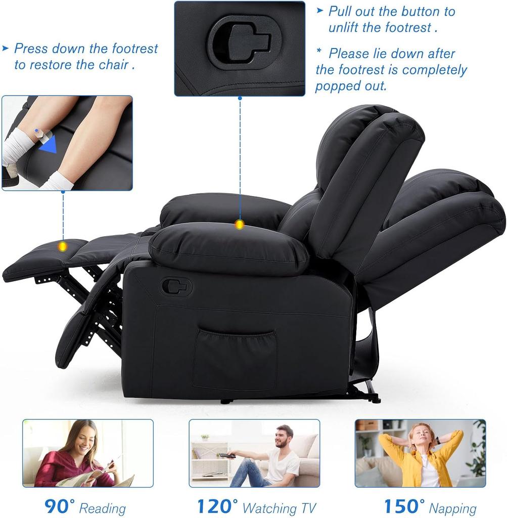 YODOLLA Ergonomic Recliner Chair – Adjustable TV Chair with Footrest , Modern Faux Leather, Manual Controls & Side Pockets (Black)