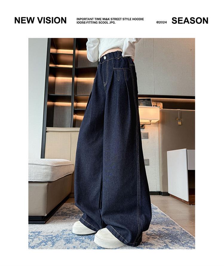 2025 Mädchen Dunkelblaue Weitbeinige Jeans mit Fleecefutter - Stilvolle Herbst-/Winterhose für Mittelschülerinnen