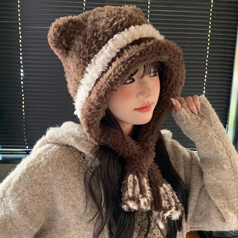 

Плюшевая милая шапка с медвежьими ушками, женская осенне-зимняя утолщенная теплая вязаная шапка, велосипедная ветрозащитная защита ушей, шапка-ушанка, модная M（56-58cm）
