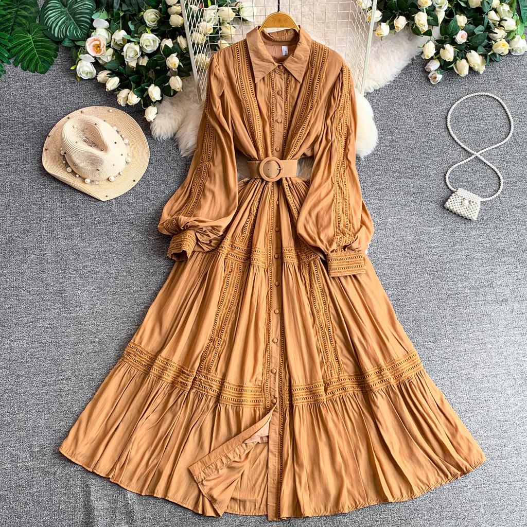 Gentle Wind Retro Sweet Lace Splicing Lantern Sleeve Dress Women's Spring and Autumn Breasted Waist Pendulum Elegant Long Dress