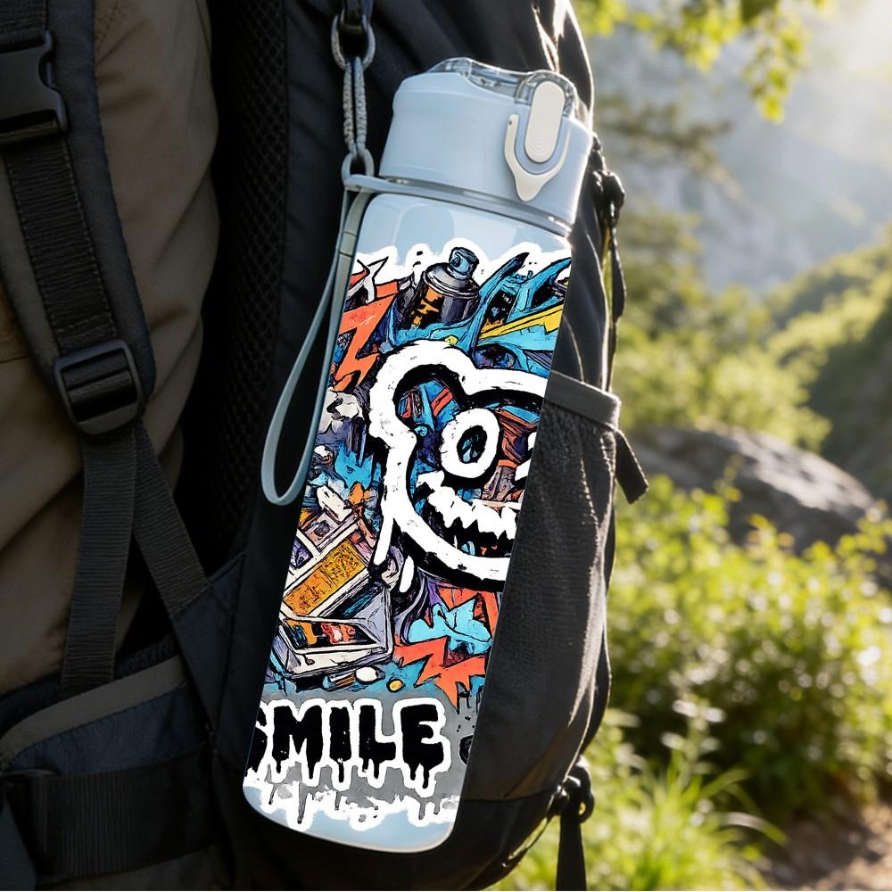 1PC Graffiti Bear Smile Face Art Print 750ml Color Plastic Sports Water Bottle Leakproof Flip Straw Lid Suitable for Sports Office Home Use