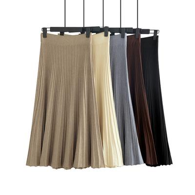 Saia britânica linha a saia de malha outono e inverno feminino plissado drape um passo grande balanço fino algodão penteado saia guarda-chuva