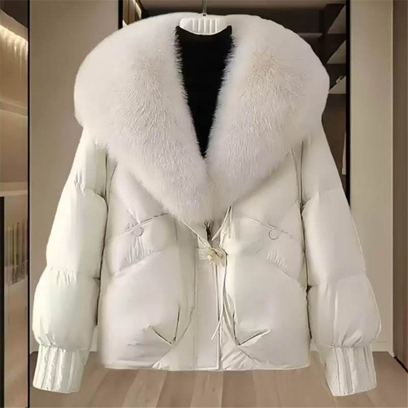 Moda Kışlık Ceket Kadın Kore Büyük Kürk Yakalı Kalın Kaz Tüyü Pamuklu Ceket Parkalar Kadın Kısa Mont Slim Sıcak Dış Giyim
