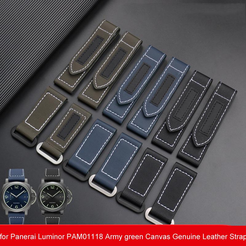 24mm High Quality Nylon Fabric Watch Band Fit for Panerai Luminor PAM01118 Army green Canvas Genuine Leather Strap Bracelet