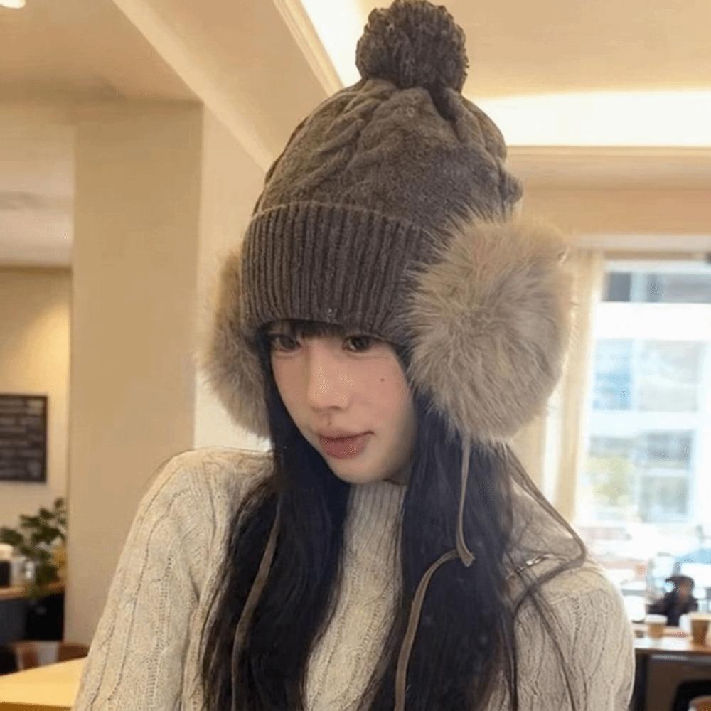 Large Head Circumference Knitted Trapper Hat Plush Wool Cap Pompom Beanie with Earflap  Girls