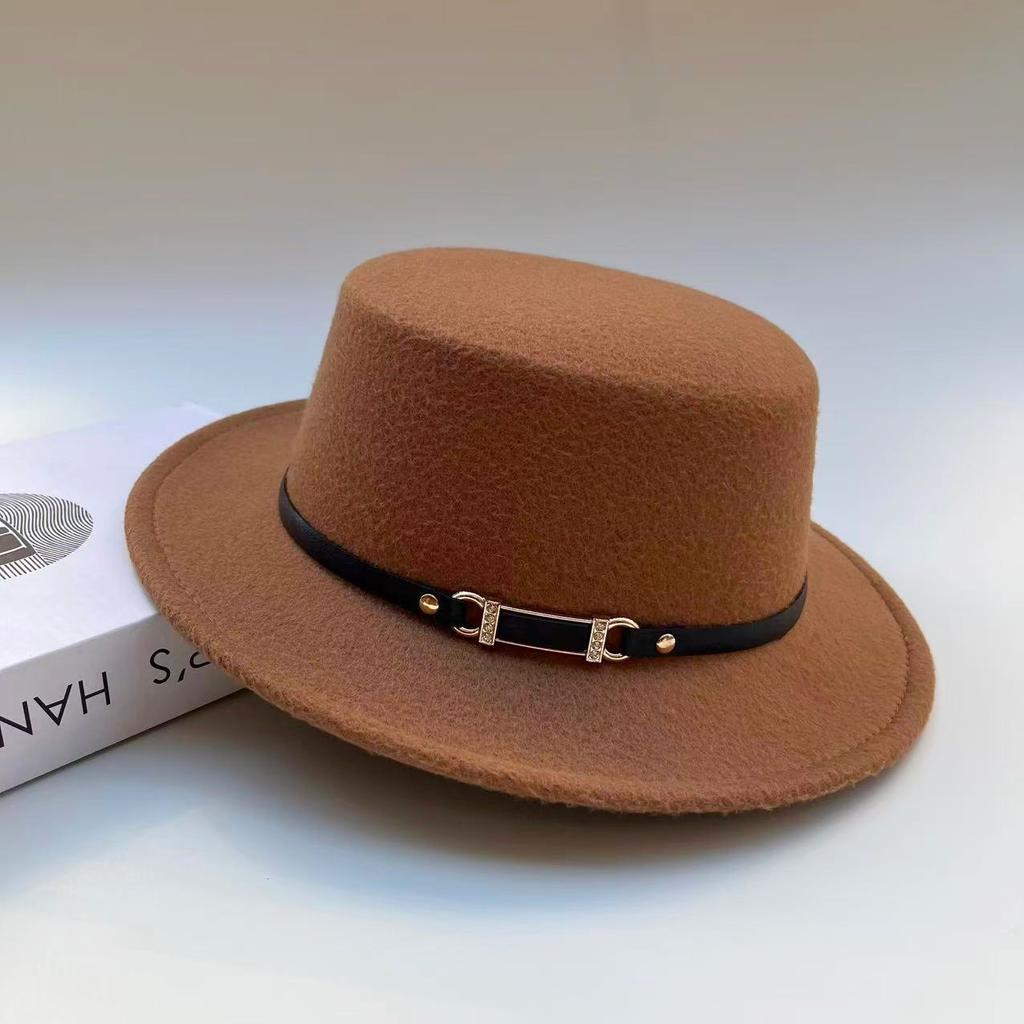 Hat Female British Autumn and Winter Celebrity Retro Versatile Jazz Hat Flat Top Felt Hat Black Wool Top Hat