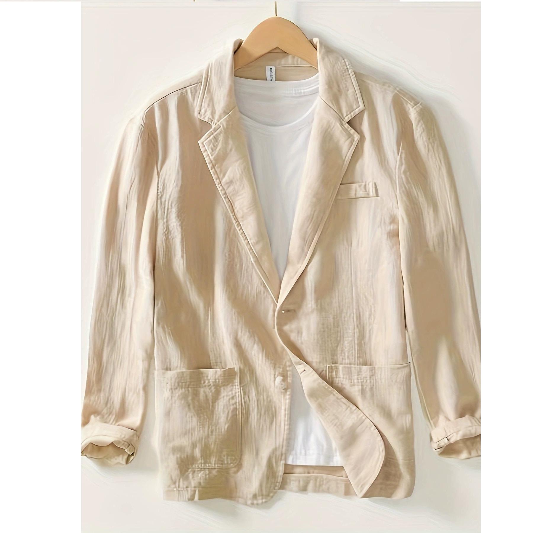 Мужской повседневный костюм, однослойная куртка, однотонный хлопок, лен, повседневный модный мужской топ S абрикосовый