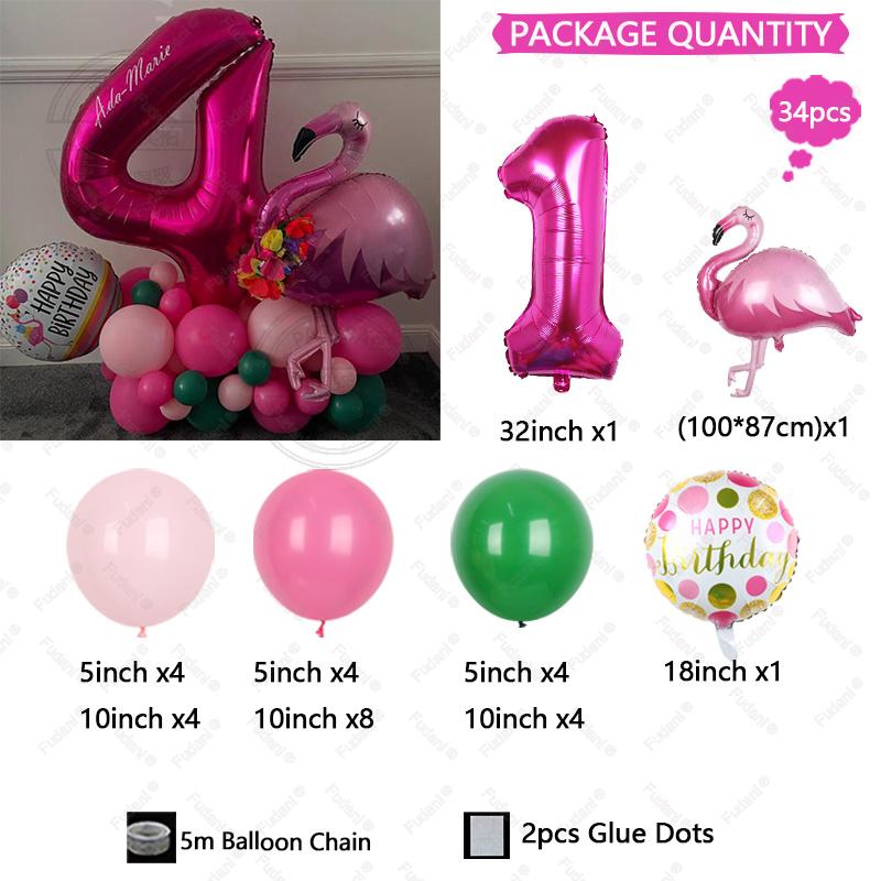 34pcs 32 Inch Rose Red Number 1-9 Birthday Balloon Set Flamingo Balloon Tropical Hawaii Theme Party Decoration Festival Supplies
