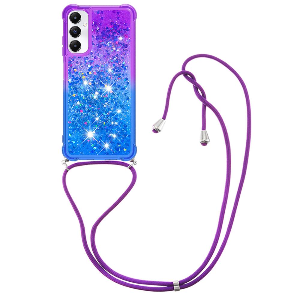 

For Samsung Galaxy A05s 4G TPU Case Gradiant Quicksand Shockproof Cover with Lanyard Purple+Sky Blue