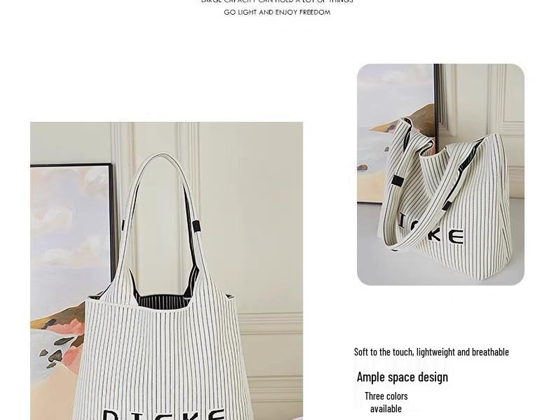 Classic Korean-Style Canvas Tote: Large Capacity, Versatile Striped Shoulder & Crossbody Bag for Women