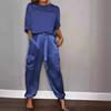 Fashionable Women's Smooth Satin Half Sleeved Upper Suit Two-piece Set