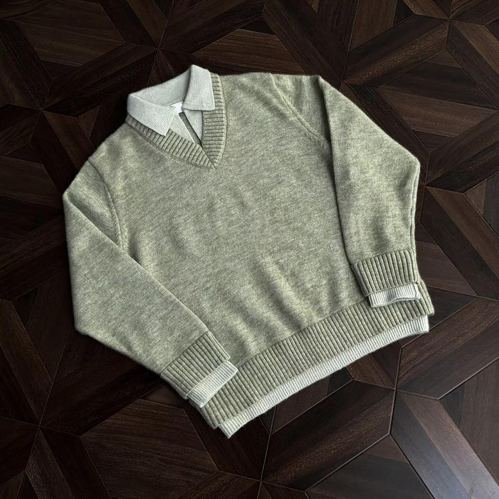 Herren V-Ausschnitt Retro-Stil Strickoberteil - Fake Zweiteiler, Winter Kragen, Lockerer Schnitt