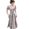 Blue floral French large size women's niche dress women's long dress oil painting slightly fat and thin mm belly covering skirt