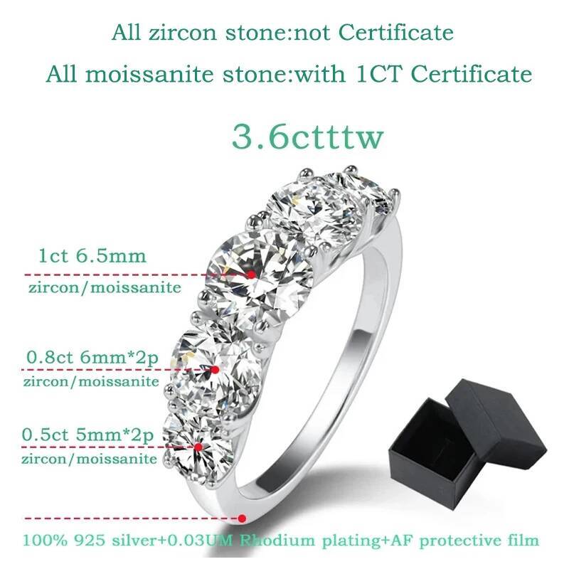 3.6CT All Moissanite Rings For Women 5 Stones Sparkling Dia Wedding Band 100% Silver Jewelry