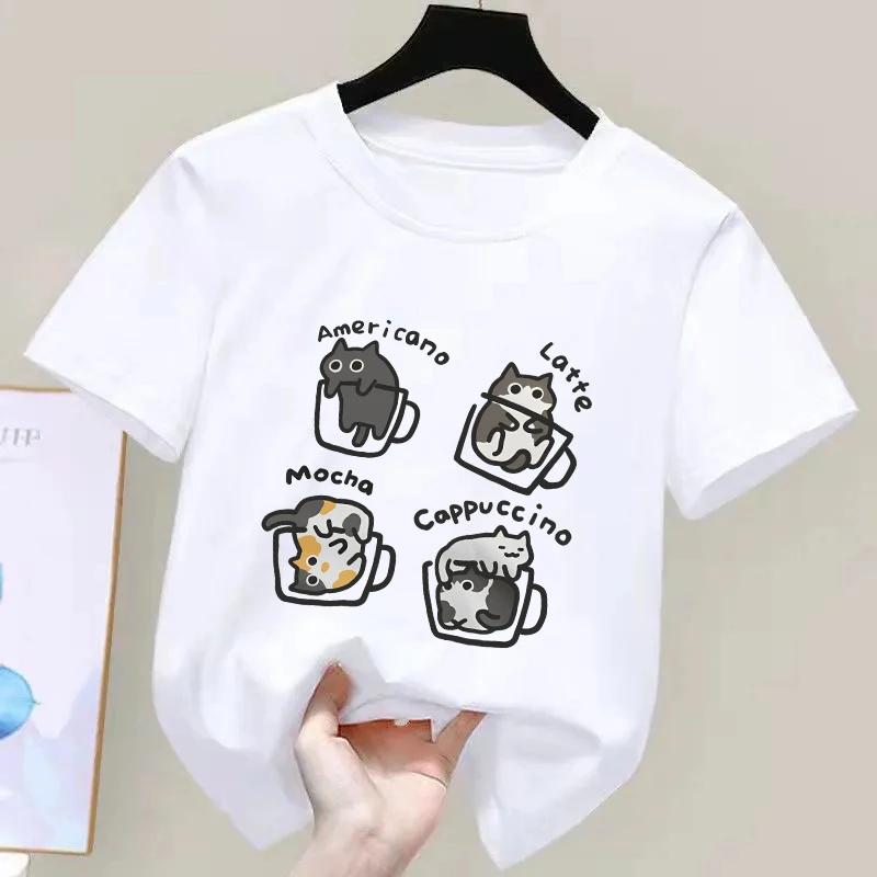 Cat Coffee Pure Cotton Trendy Summer Kids Short Sleeved Tshirt BoyGirl Original Mocha Latte Cat Three Flowers Fun Cat Tees