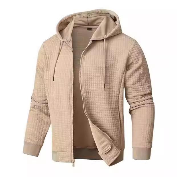 Quilted Hooded Zip-Up Jacket with Adjustable Drawstring, Ribbed Cuffs and Hem, Available In Beige, White, Black, Light Gray, Dark Blue