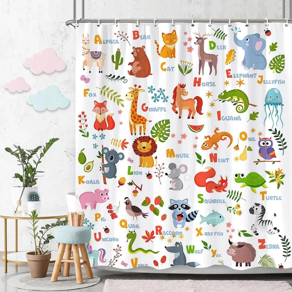 Kreskówkowy Zwierzęcy Alfabet Zasłona Prysznicowa Dzieci ABC Narzędzia Edukacyjne Nauka Dziewczynki Chłopcy Kolorowa Zasłona Kąpielowa Wystrój Łazienki