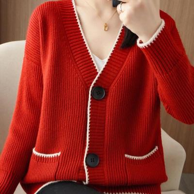 Herfst winter trui vest nieuwe V-hals dames gebreid vest met lange mouwen mode met zakken kleurblokkerende paragraaf vest met enkele rij knopen