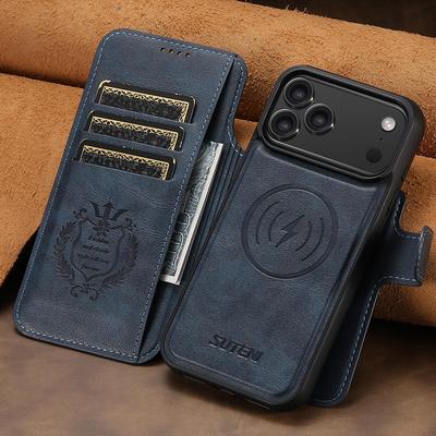 iPhone 17 Pro Max Flip Case with Card Slot & Magnetic Snap, 2-in-1 Wireless Charging Stand, Leather Design