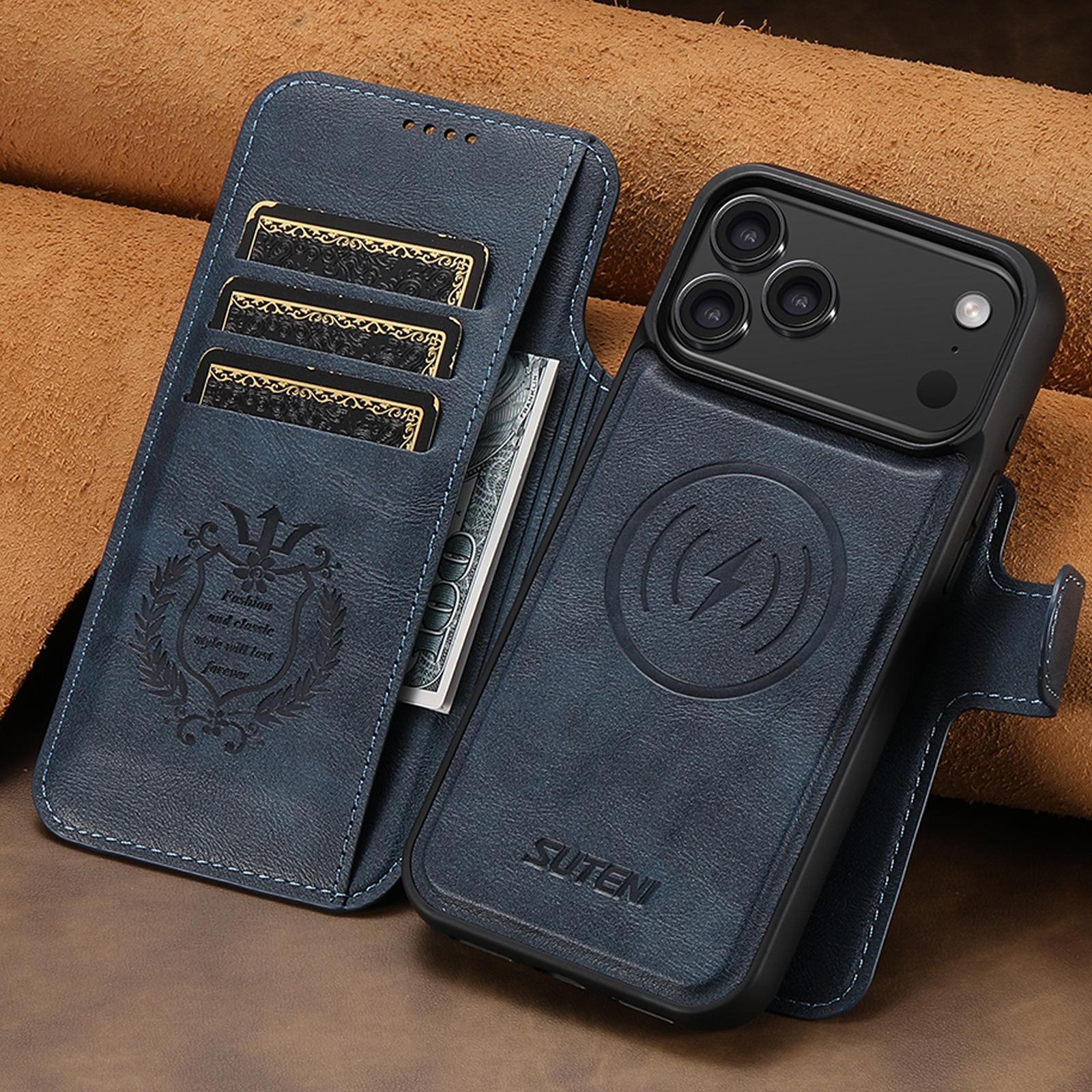 

Чехол-книжка для iPhone 17 Pro Max со слотом для карт, магнитной застежкой, поддержкой беспроводной зарядки, функцией подставки и отделкой из кожи iPhone 16 Pro синий