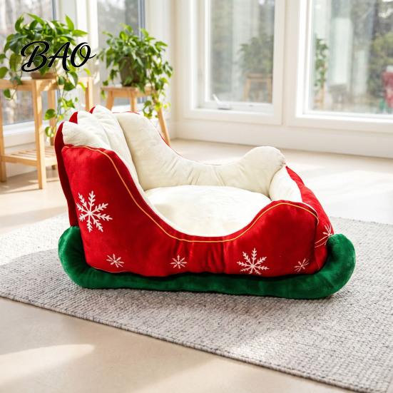 Durable Cat Nest Christmas Sleigh Shaped Pet Bed, Cozy Holiday Dog Sofa Anti?Slip Base Soft Suede House Cushion, Washable Sleeping Bed for