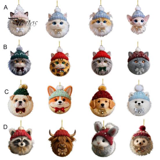 Winter Knitted Hat Ornament Plush Pet Shaped 2D Acrylic Cat Dog Rabbit Christmas Tree Pendant Cozy Animal Charm for Car Rearview Mirrow Window