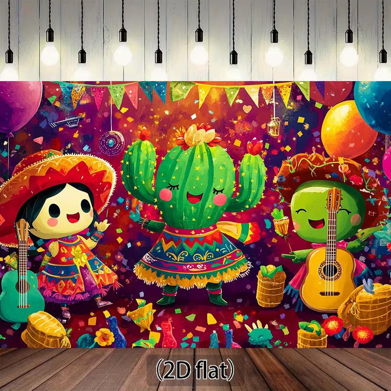 

2D Mexican Fiesta Background, Dancing Cactus & Balloons Photo Booth Backdrop 47.2x31.5inch/120*80cm