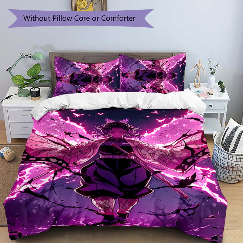 3pcs Demon Slayer Shinobu Kocho pattern bedding set duvet cover set includes duvet cover &pillowcases, perfect all season bedroom decoration & gift