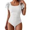 Women Swimsuit Square Neck Ruffle Sleeve Ruched Tummy Control Bathing Suit Stretchy Fabric Swimwear