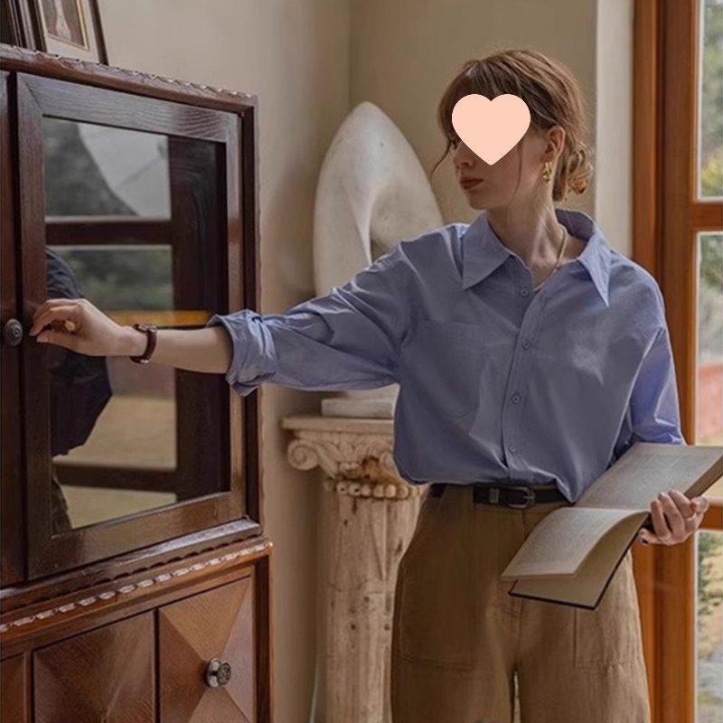 Women's Autumn 2025 French Blue Layered Petite Long Sleeve Shirt - Professional Loose Fit for Commuting