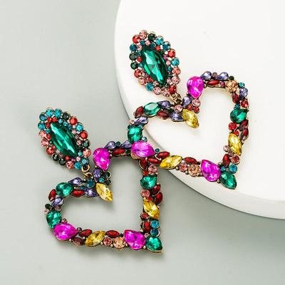 Women Exaggerated Drop Earrings Heart Shaped Alloy Rhinestones Retro Full Crystal Earrings