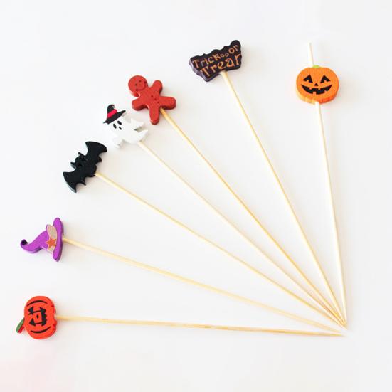 100PCS Disposable Cocktails Tags, Halloween Pumpkin Ghost Bat Decor Bamboo Skewers, Sharp Tip Party Picks for Fruits Snacks Cakes Bar