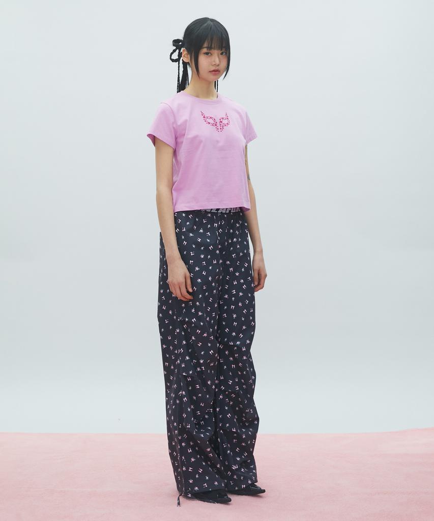 LALAFOX Flower Print Wide Track Pants Nylon Track Pants Charcoal Br2Wp002