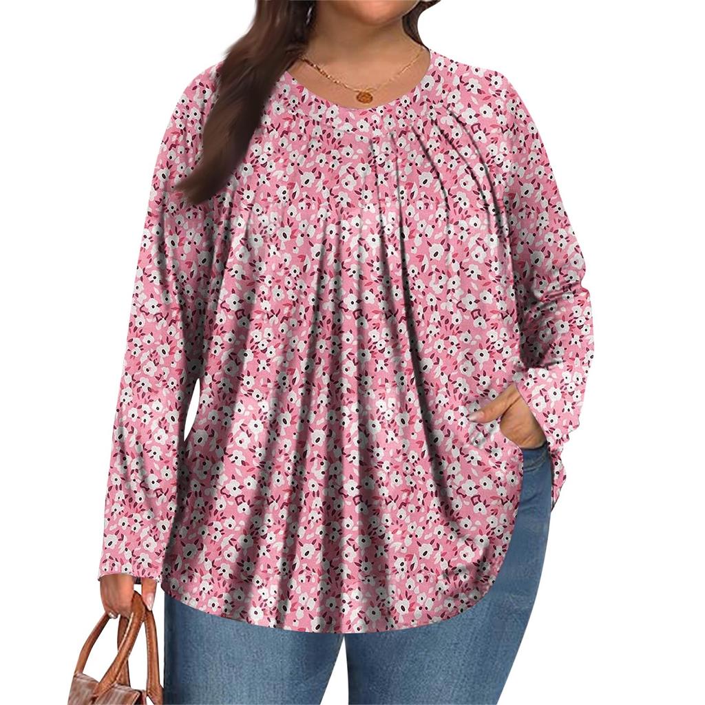 Dámská móda plus size Tištěný ležérní plisovaný top s kulatým výstřihem a dlouhým rukávem