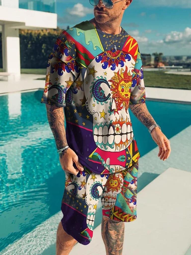 Summer 2 Piece Outfit Male 3D Color Block Print Short Sleeve T-Shirt ShortsSets Outdoor Men's Clothing Tracksuit