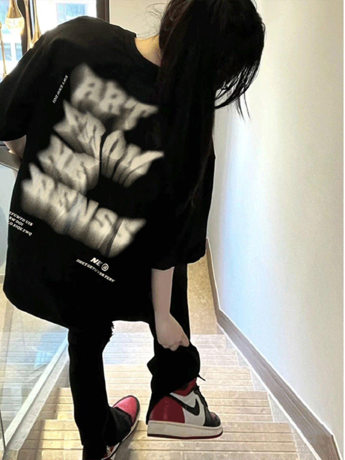 

Unisex Retro Blurred Letter Print Plus Size Short Sleeve T-Shirt XL (116-130 jin) чёрный