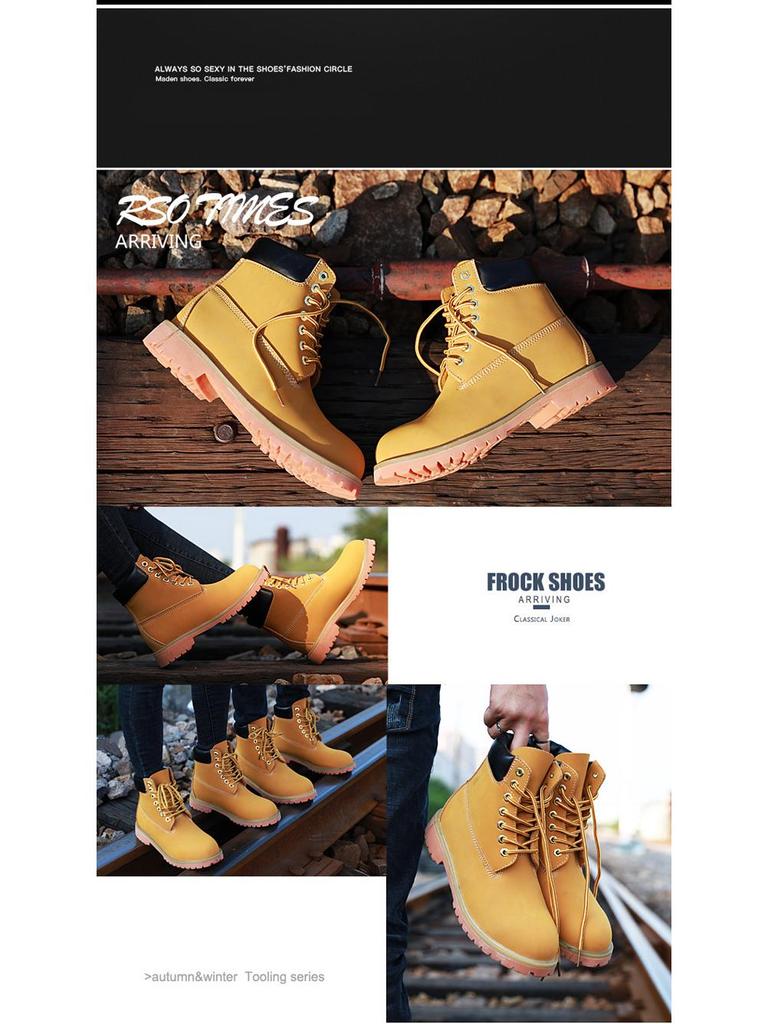 Męskie Żółte Zimowe Plus Aksamitne Martensy - Średniej Wysokości, Wysokie, w Stylu Brytyjskim, Ciepła Bawełna, Duży Rozmiar